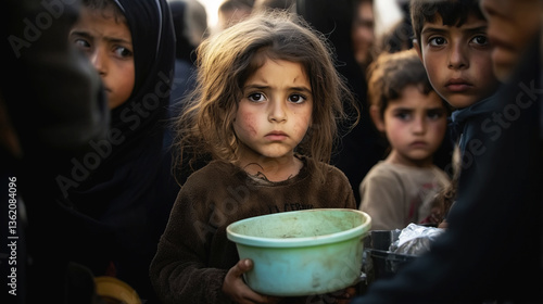 Hungry child in a refugee camp. Young girl with dirty clothes and a bowl looking for food. Concept of poverty, humanitarian crisis, war impact on children. Representation of hunger, aid, social issues