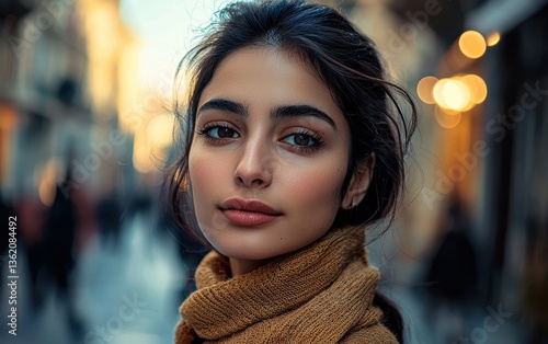 Wallpaper Mural Cinematic close-up of a Middle Eastern woman with a sculpted cheekbone look, blurred historic streets Torontodigital.ca