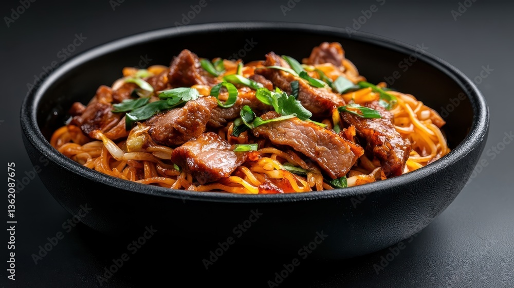A mouth-watering dish showcasing stir-fried noodles mixed with tender beef and garnished with fresh scallions, representing a hearty meal full of savory flavor and love. A mouth-watering dish showcasing stir-fried noodles mixed with tender beef and garnished with fresh scallions, representing a hearty meal full of savory flavor and love.