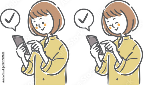 スマホを操作する若い女性　上半身　ベクター