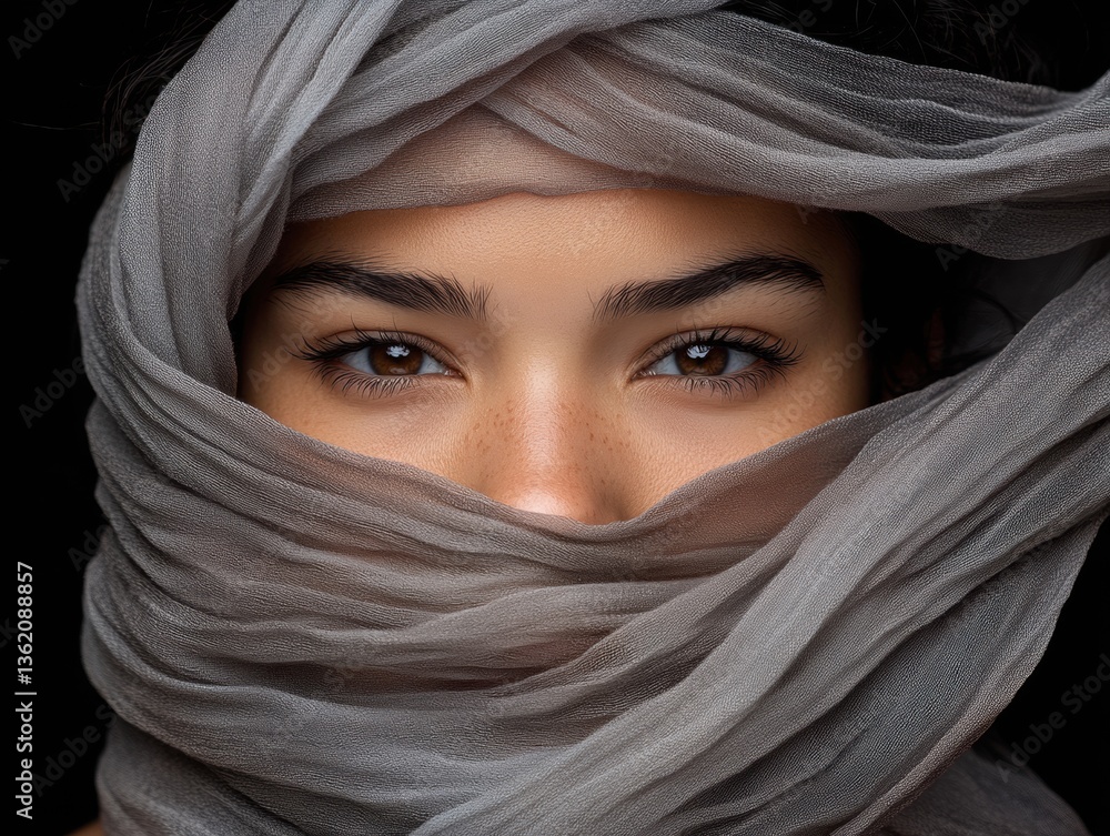 Naklejka premium Young woman enveloped in soft fabric, her piercing eyes captivating against a backdrop of swirling motion and mystery