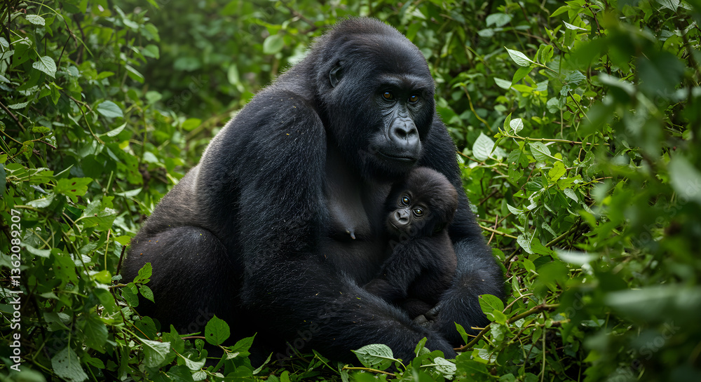Naklejka premium Gorilla and Baby in a Lush Forest
