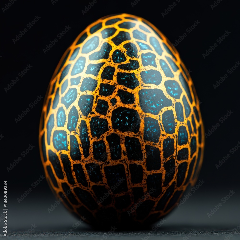 Vibrant egg adorned with detailed patterns reminiscent of nature contrasts beautifully against a dark background showcasing artistic decoration for Easter festivities Vibrant egg adorned with detailed patterns reminiscent of nature contrasts beautifully against a dark background showcasing artistic decoration for Easter festivities