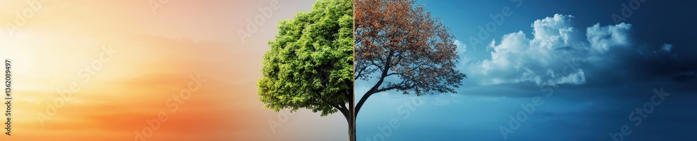 Obraz premium A striking visual of a tree showcasing the contrast between summer and winter, highlighting the beauty of nature's cycles and seasonal changes.