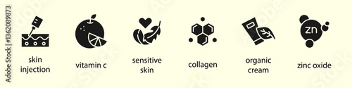 Organic cosmetic line icons set. Organic skin care components or labels. Zinc Oxide icon. Collagen, sensitive skin, skin injection, vitamin c, organic cream.