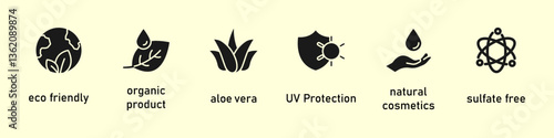 Organic cosmetic line icons set. Organic skin care components or labels. Aloe vera, eco friendly, organic product, uv protection, natural cosmetics, sulfate free.