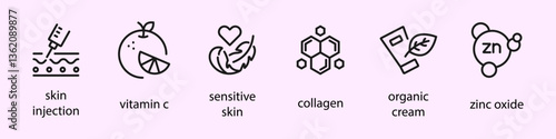 Organic skin care components or labels. Organic cosmetic line icons set. Zinc Oxide icon. Collagen, sensitive skin, skin injection, vitamin c, organic cream.