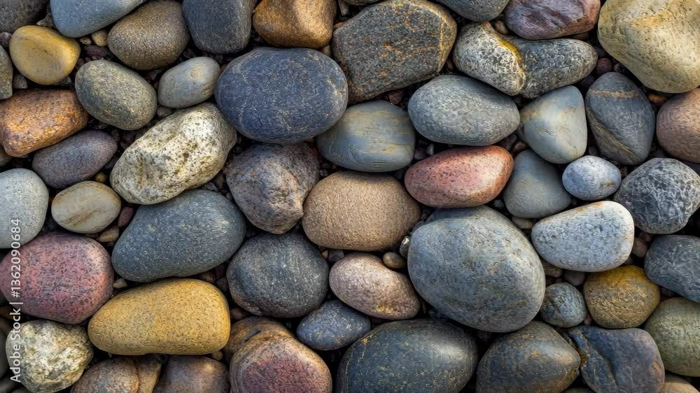 Unique assortment of river stones found in nature during daylight hours by a peaceful waterway near a forested area Unique assortment of river stones found in nature during daylight hours by a peaceful waterway near a forested area