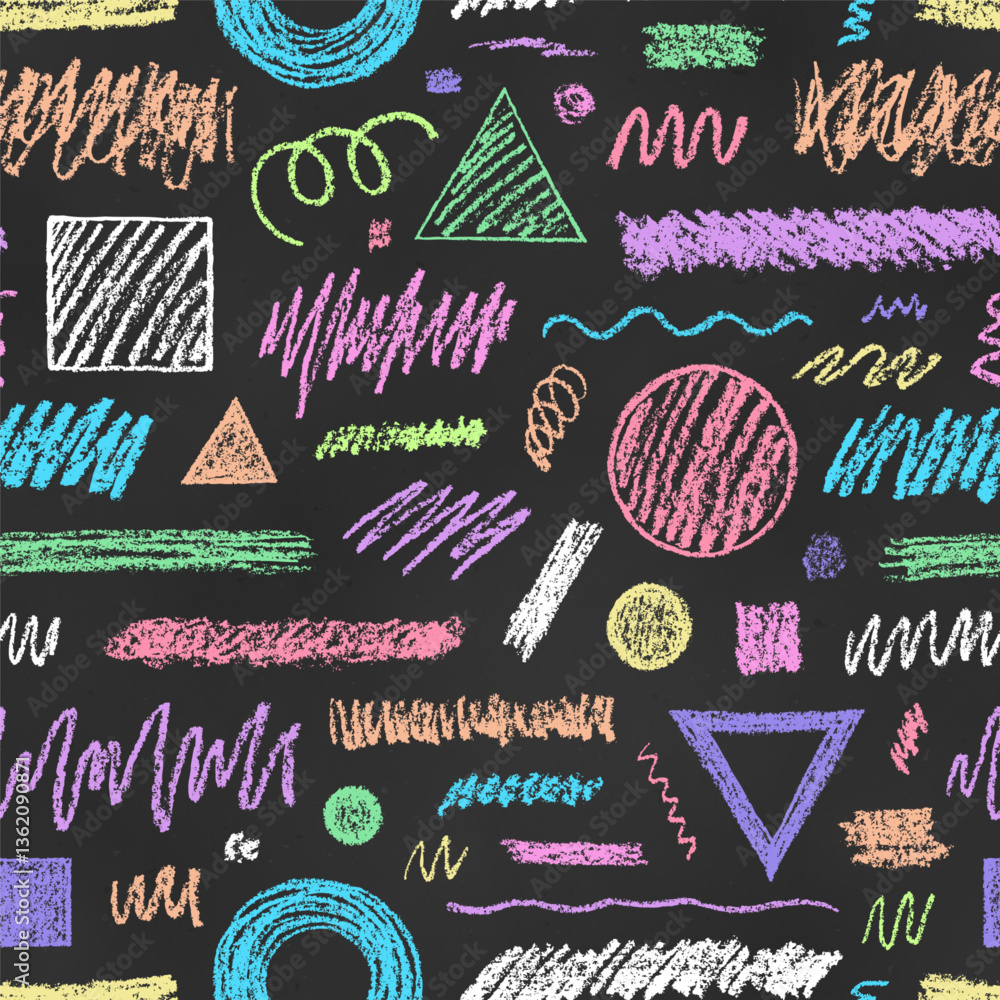 Naklejka premium Seamless Grunge Pattern of Chalk Drawn Mix of Scribbles and Geometric Figures on Chalkboard Backdrop. Handwritten Print.