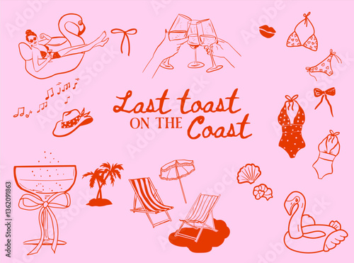 Set of hand drawn Bachelorette doodle icons, Coastal Cowgirl Hen Party illustrations, Whimsical Bachelorette vector collection for T-shirts, invitations and web icons