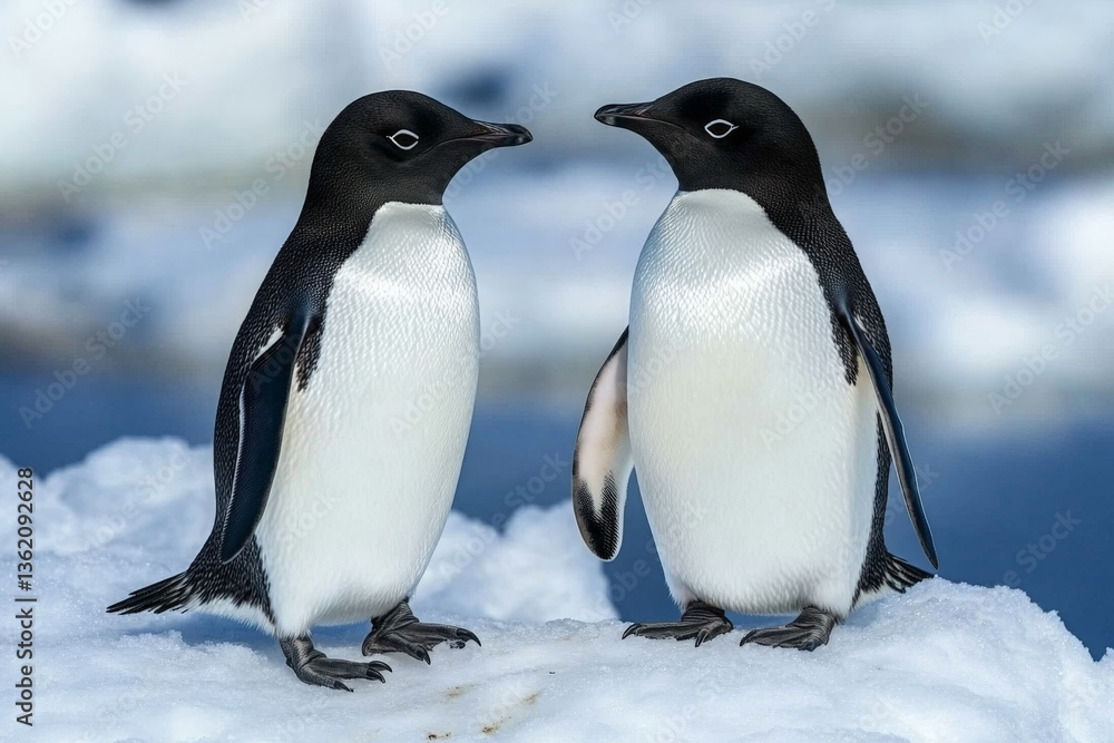 Obraz premium Two adorable penguins standing on ice in a cold landscape during daylight, showcasing their distinct black and white feathers