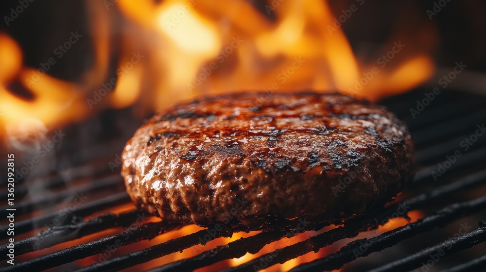perfectly charred burger on grill, enhanced by flames great for summer bbq banner concept bbq grilling summer illustration perfectly charred burger on grill, enhanced by flames great for summer bbq banner concept bbq grilling summer illustration