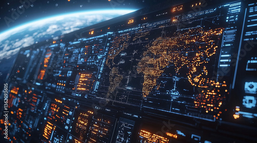 Global digital network interface displaying connected data points and geographical map at nighttime