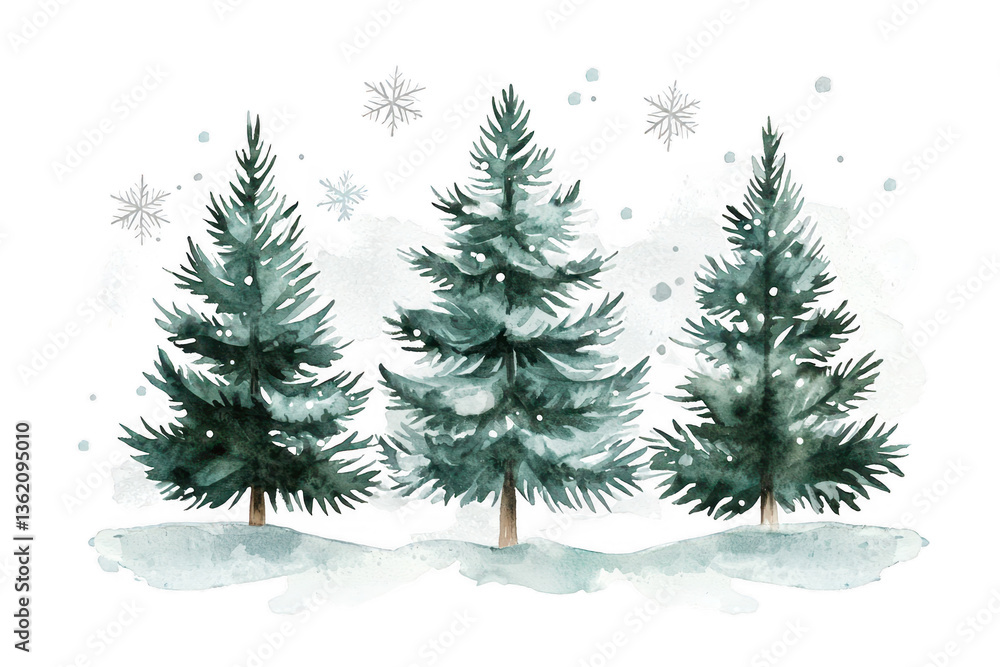 Obraz premium Three lush evergreen trees adorned with snowflakes, showcasing a vibrant winter scene.