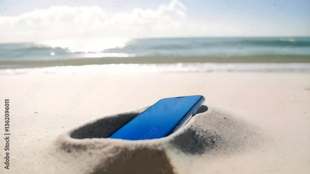 Mobile phone lost in the sand on a beach with copy space Mobile phone lost in the sand on a beach with copy space