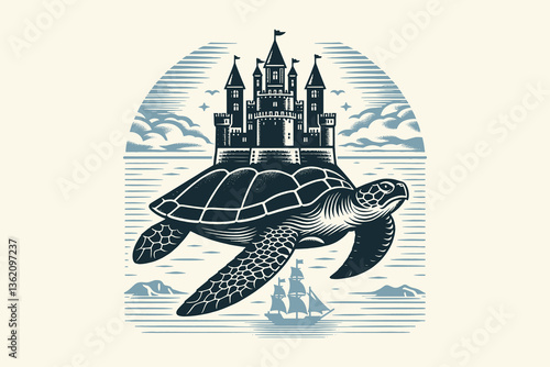  A giant sea turtle with a castle on its shell, vintage style