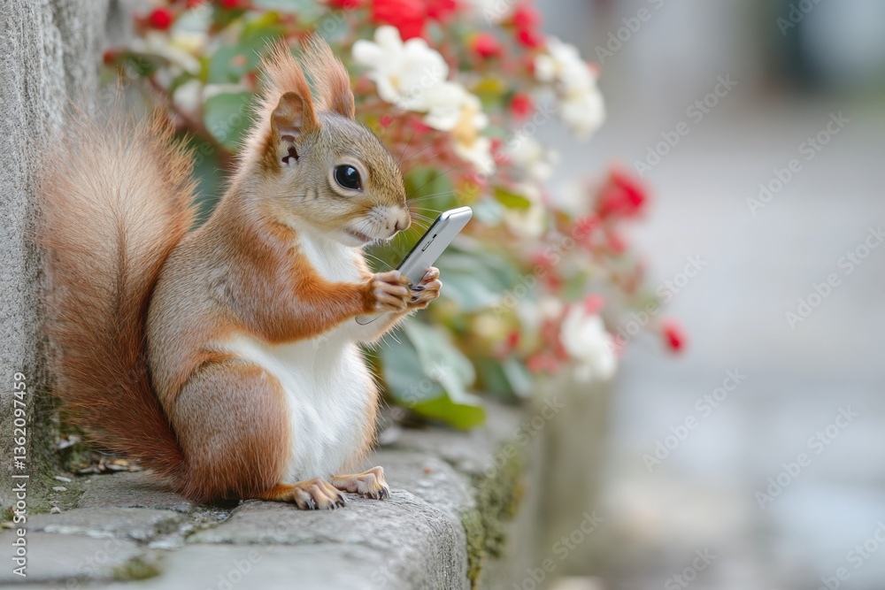 Fototapeta premium Squirrel uses smartphone while sitting near flowers in a park on a sunny day