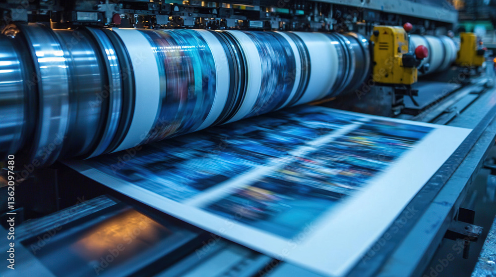 Massive printing press operates in a commercial facility during a busy workday Massive printing press operates in a commercial facility during a busy workday