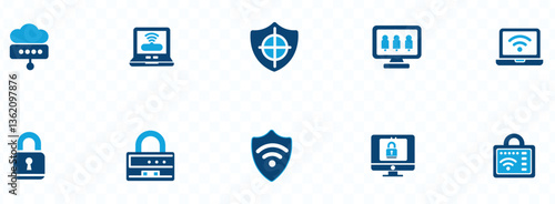 VPN icon set. cybersecurity, privacy, encrypted, proxy, firewall, online protection soild vector illtrution