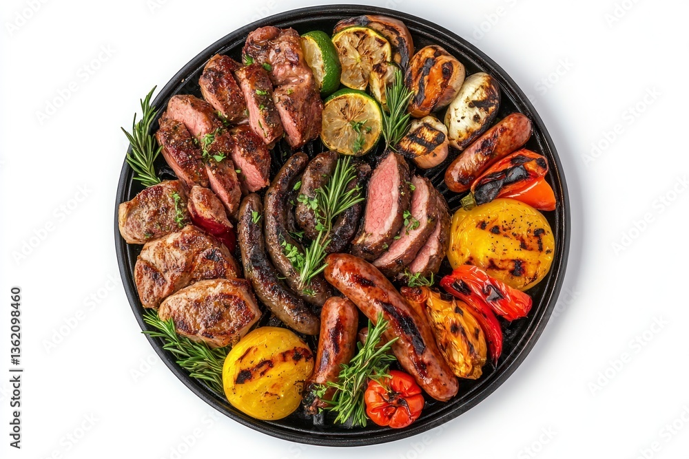 Grilled Meat Platter with Sausages and Vegetables on Black Plate Grilled Meat Platter with Sausages and Vegetables on Black Plate