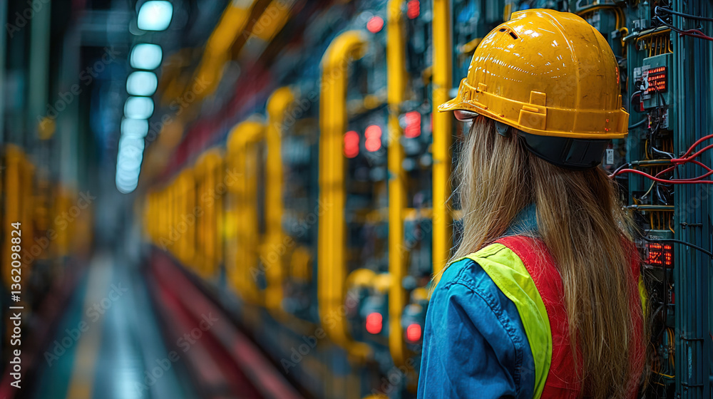 Naklejka premium Worker in safety gear examines electrical panels in a modern industrial facility during daylight hours