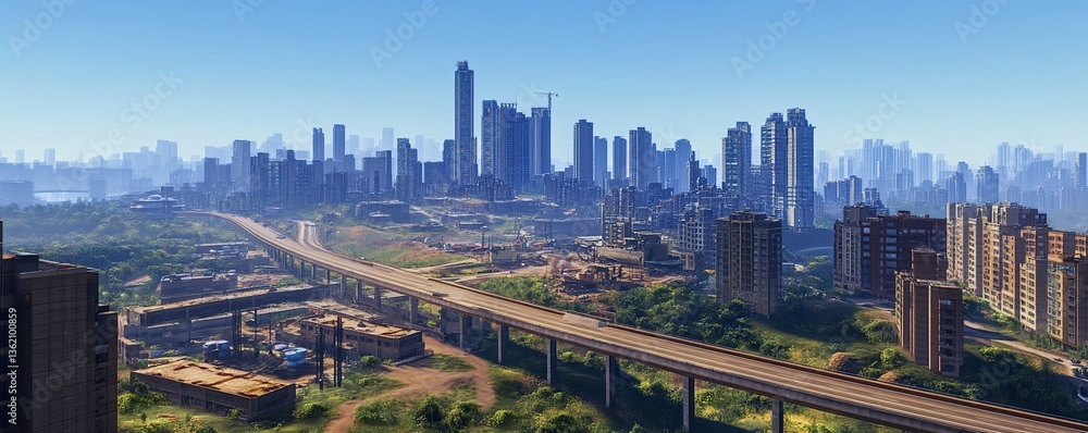 Fototapeta premium Aerial View of a Modern City Skyline with Highway