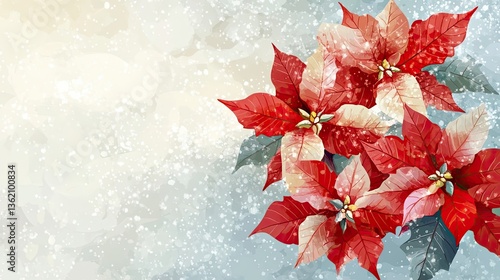 Beautiful poinsettia floral arrangement with watercolor effect background and snow