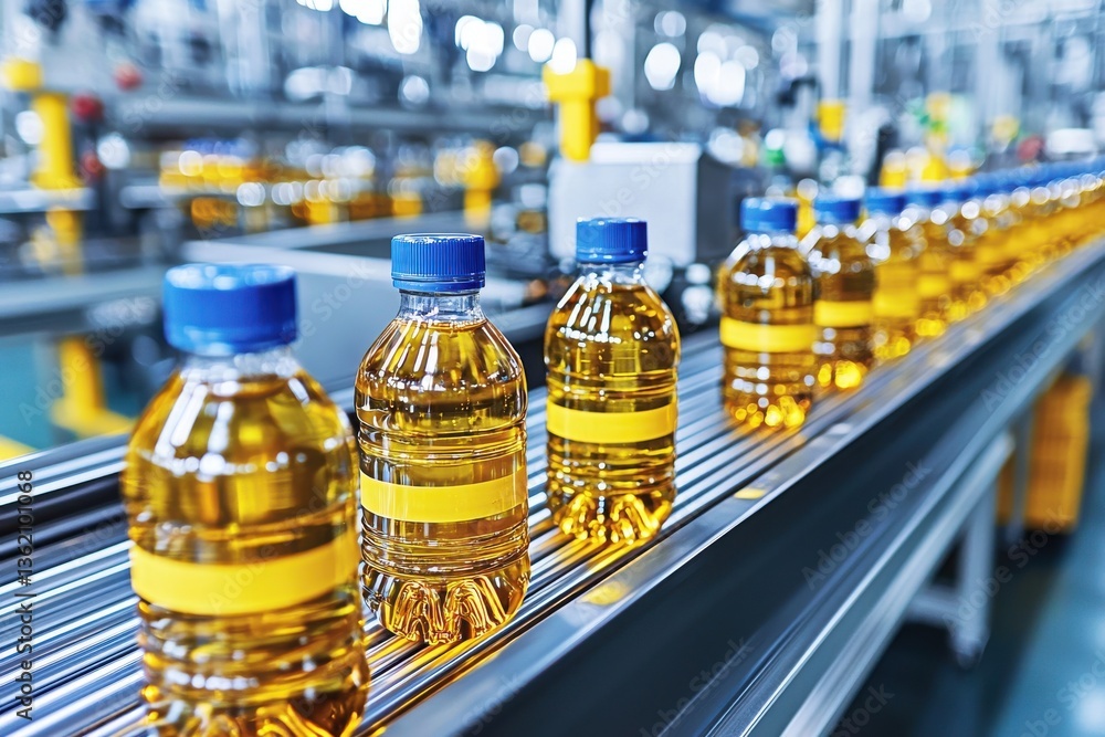 Bottling line featuring rows of yellow liquid in plastic bottles with blue caps, conveying efficient production in a modern industrial manufacturing facility. Bottling line featuring rows of yellow liquid in plastic bottles with blue caps, conveying efficient production in a modern industrial manufacturing facility.