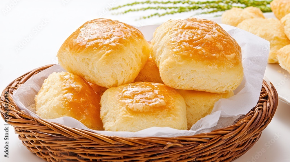A wicker basket overflowing with freshly baked golden brown dinner rolls sits on a pristine white surface ready to serve. A wicker basket overflowing with freshly baked golden brown dinner rolls sits on a pristine white surface ready to serve.