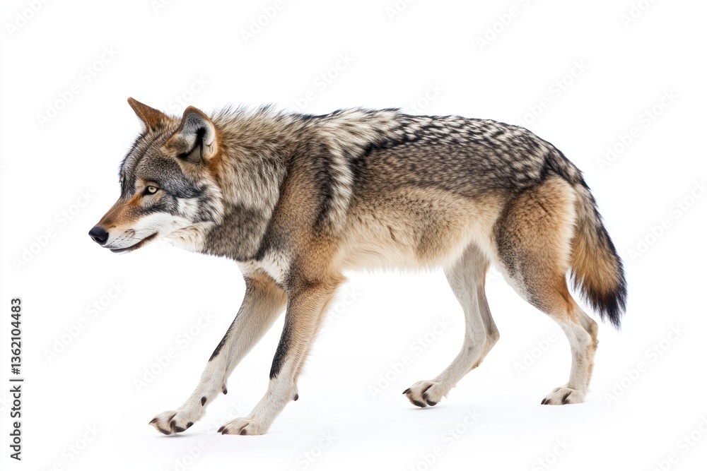 Naklejka premium Wolf Walking on White Background During the Daytime in a Studio