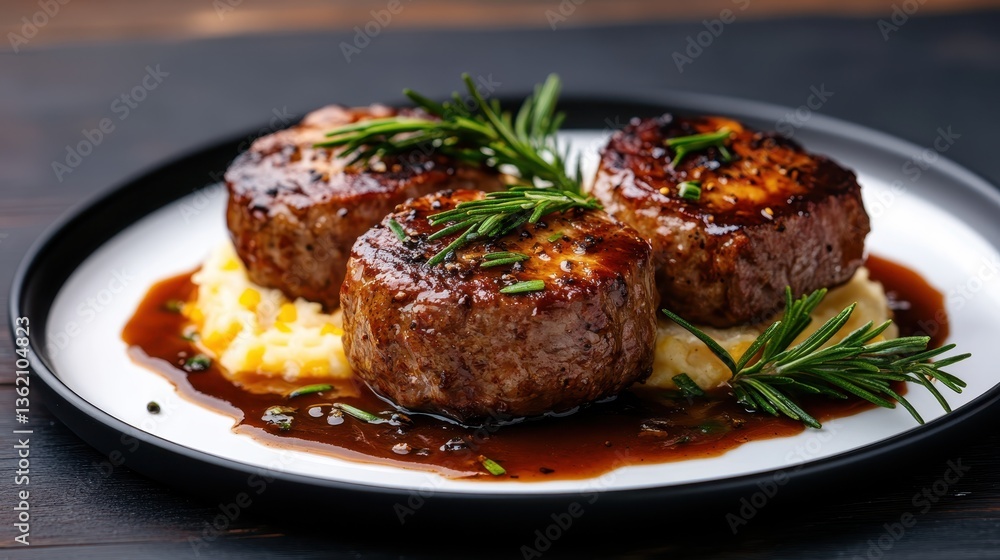 Indulge in this gourmet presentation of tender filet mignon served with a rich sauce, creamy mashed potatoes, and adorned with aromatic rosemary for a luxurious dining experience. Indulge in this gourmet presentation of tender filet mignon served with a rich sauce, creamy mashed potatoes, and adorned with aromatic rosemary for a luxurious dining experience.