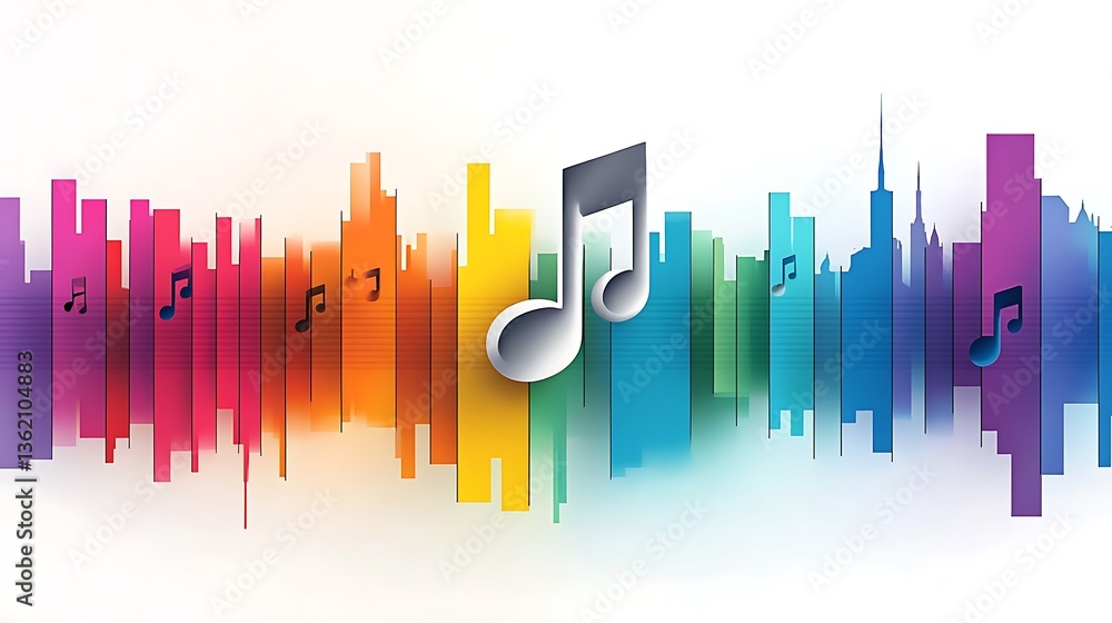 Colorful cityscape with music notes suggesting the sound of music Colorful cityscape with music notes suggesting the sound of music