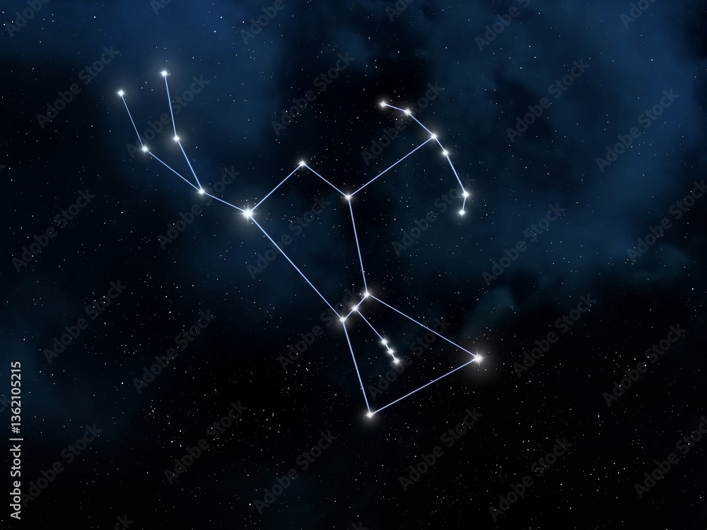 Orion the Hunter constellation in space isolated. Stars connected by lines in the night sky. Astrological image.