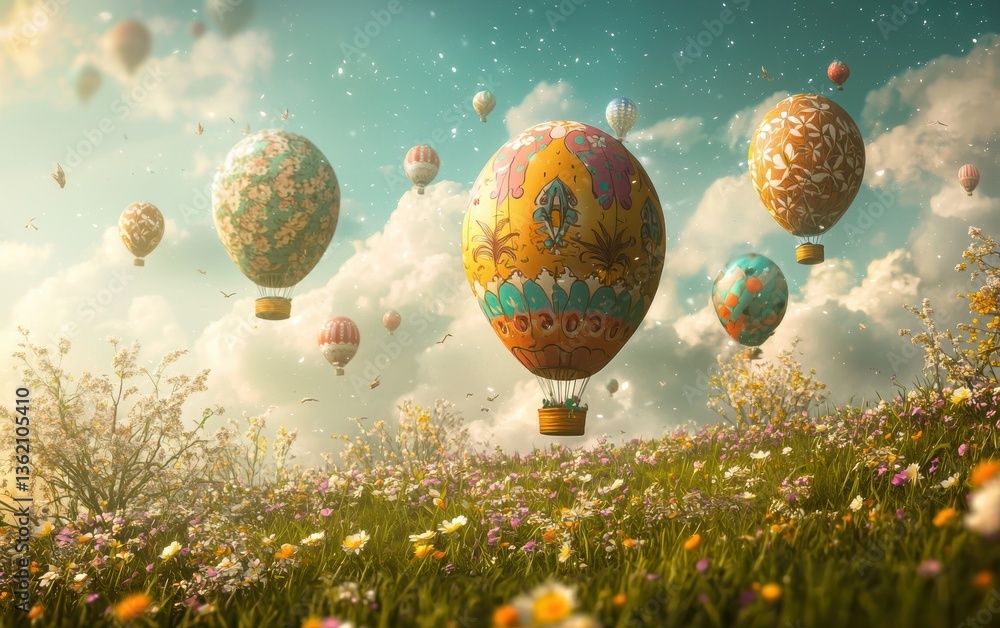 Fototapeta premium Easter egg hot air balloons floating above a dreamy spring landscape