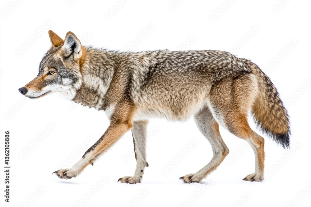 Naklejka premium Coyote Walking Profile View on White Background in Studio Shot