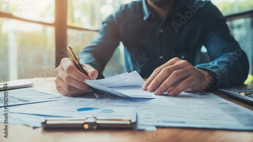 Businessman organizing business loan papers while checking financial transactions