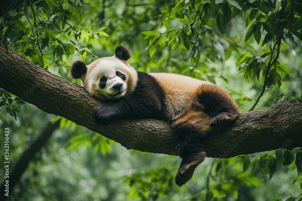 Obraz premium Panda resting comfortably on a tree branch surrounded by lush greenery during a sunny day