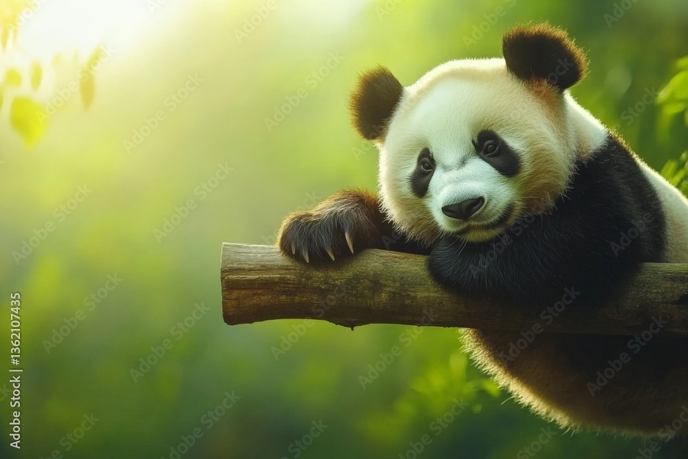 Obraz premium Giant panda rests on a branch in a lush green forest during the early morning light