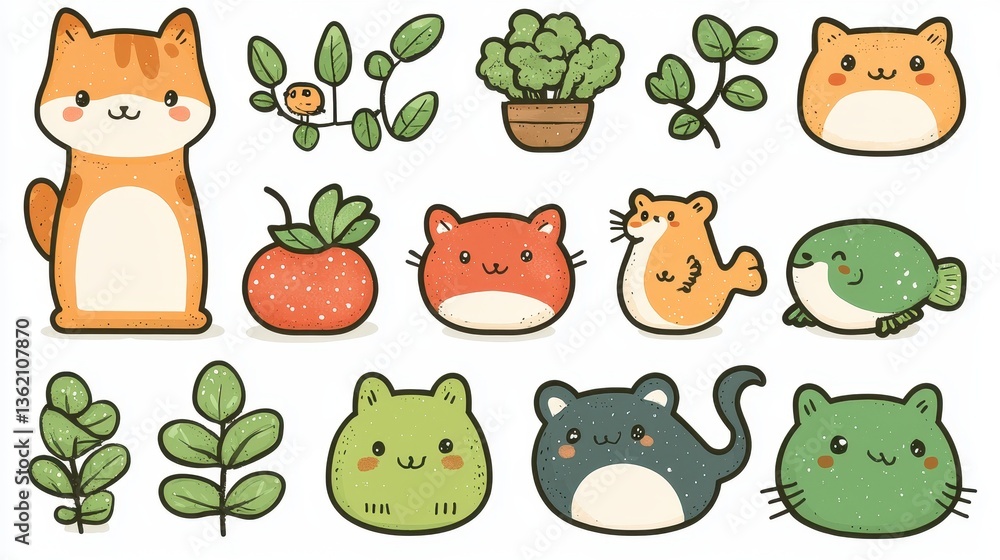 Obraz premium A vibrant array of adorable pets: a playful pup, a fluffy kitten, a twitching mouse, a chirping hamster, and a shimmering school of colorful fish, all rendered in simple, thick lines perfect 