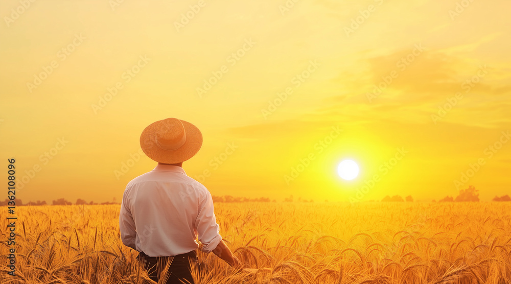 Fototapeta premium Success Story Mental Toughness Discipline, a farmer working tirelessly in the golden fields, sunset casting long shadows