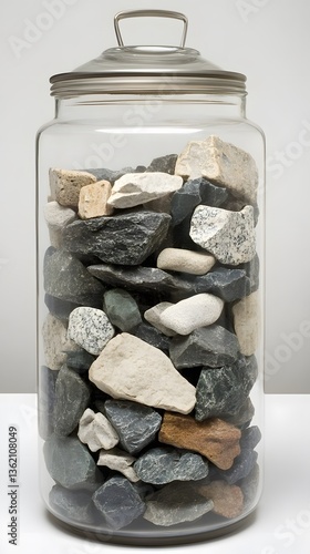 Large Glass Jar Filled with Assorted Rocks and Stones