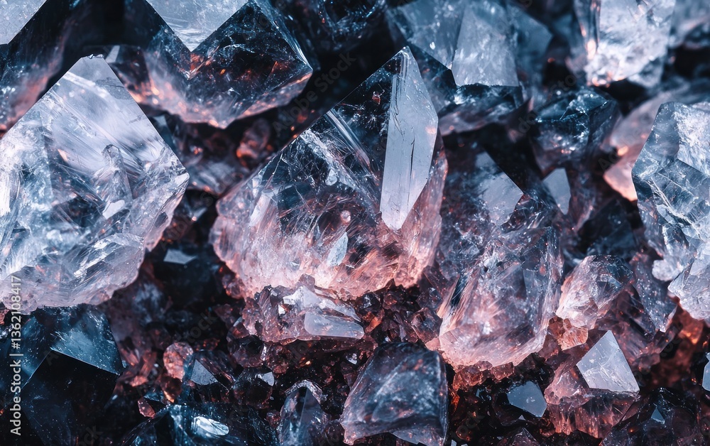 Close-up view of fragmented ice crystals, exhibiting a blend of cool blue and warm red hues against a dark background. The image showcases texture and light interplay Close-up view of fragmented ice crystals, exhibiting a blend of cool blue and warm red hues against a dark background. The image showcases texture and light interplay