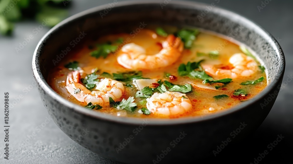 An enticing bowl of shrimp soup, featuring fresh ingredients and aromatic herbs, skillfully capturing the spirit of warmth and culinary delight perfect for any dining occasion. An enticing bowl of shrimp soup, featuring fresh ingredients and aromatic herbs, skillfully capturing the spirit of warmth and culinary delight perfect for any dining occasion.