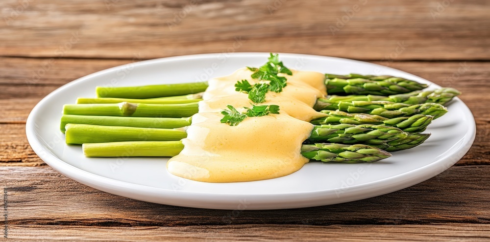 A vibrant plate of asparagus drizzled with creamy sauce, garnished with parsley, rests on a rustic wooden table. A vibrant plate of asparagus drizzled with creamy sauce, garnished with parsley, rests on a rustic wooden table.