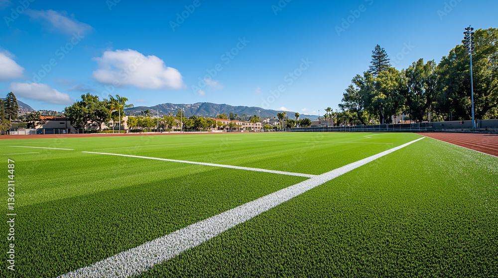 A vibrant green sports field with white lines under a clear blue sky on a sunny day outdoors view A vibrant green sports field with white lines under a clear blue sky on a sunny day outdoors view