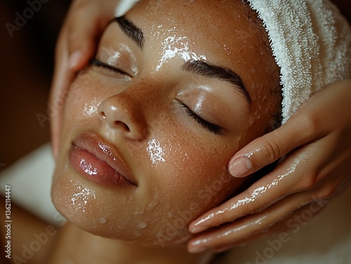 At a skincare and wellness clinic, a young female client enjoys a calming facial massage and luxury spa treatment in preparation for collagen and chemical peel procedures