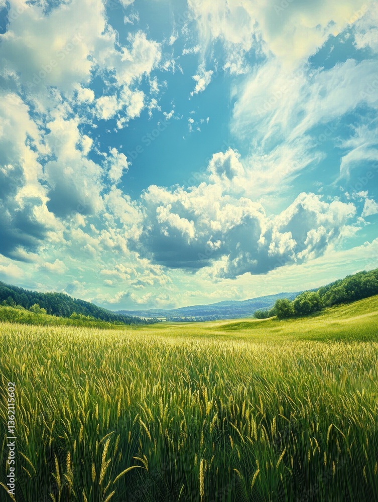 Fototapeta premium Serene Meadow Landscape under Idyllic Skies