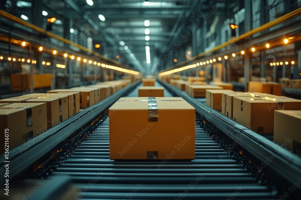 Fototapeta premium Automated Factory Conveyor Belt with Boxes
