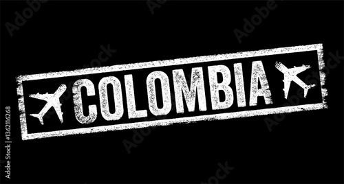 Colombia - officially the Republic of Colombia, is a country primarily located in South America with insular regions in North America, text emblem stamp with airplane