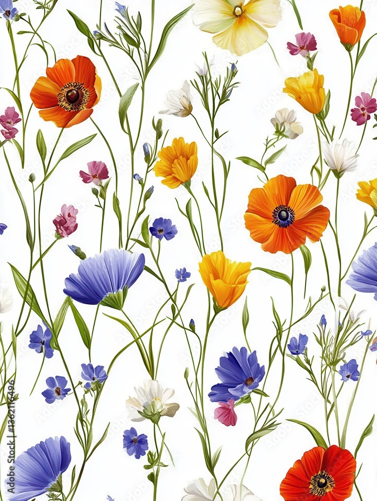 Fototapeta premium Seamless pattern with colorful wild flowers on white background.
